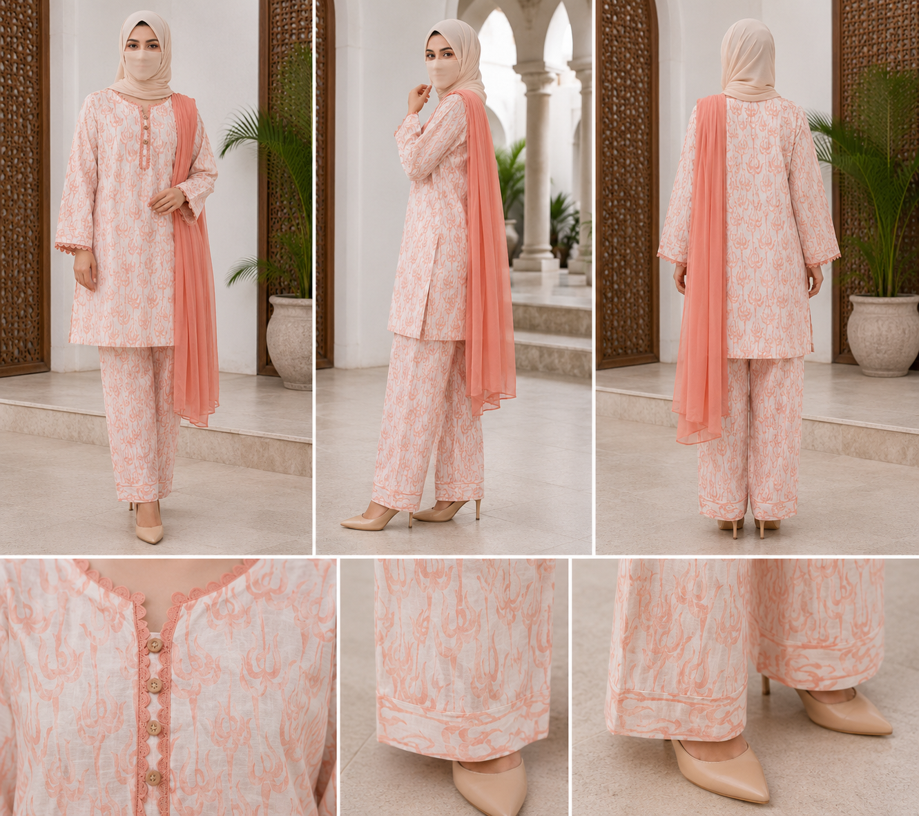 Peach and Off-White Abstract Printed Lawn 2-Piece Suit – Casual Summer Kurta Set