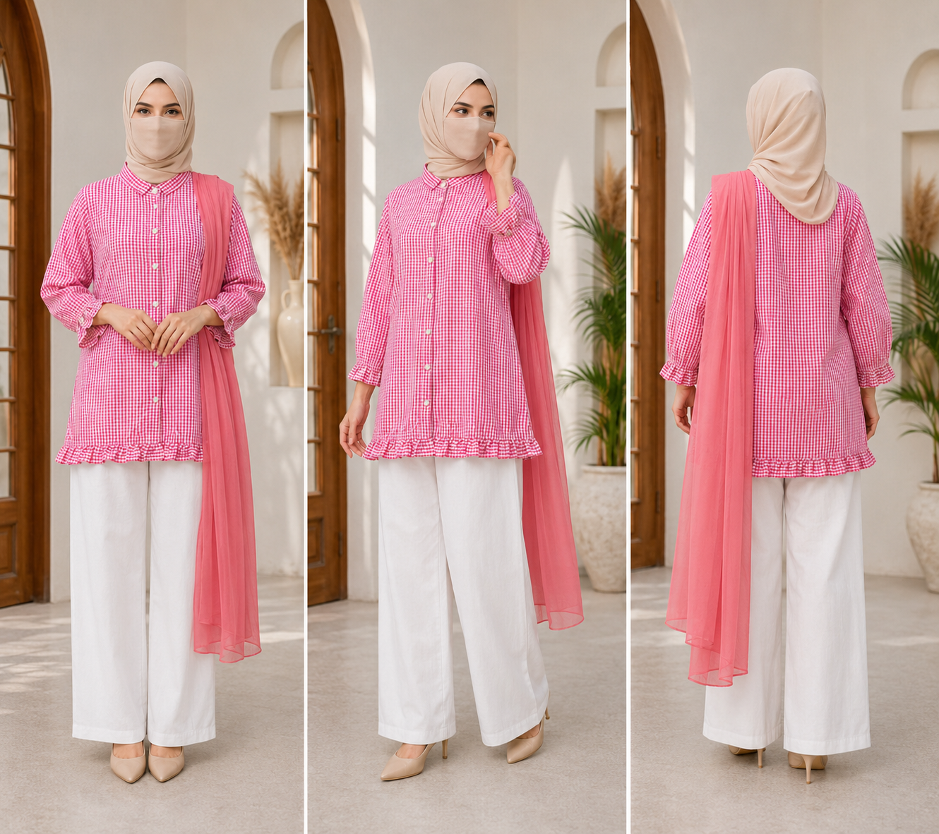 Dusty Rose Checkered Cotton Kurti – Casual Mandarin Collar Shirt